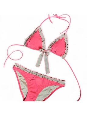 VINTAGE VICTORIA SECRET salmon Pink Ruffle Trim Triangle Bikini Set